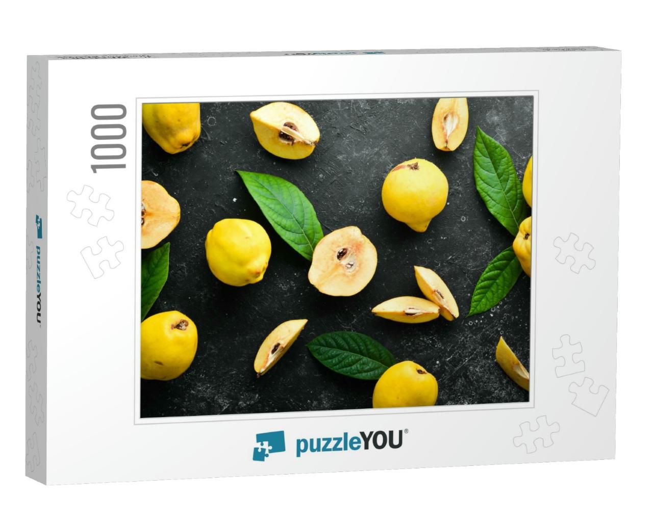 Quince. Quince Fruits on a Black Stone Background. Top Vi... Jigsaw Puzzle with 1000 pieces