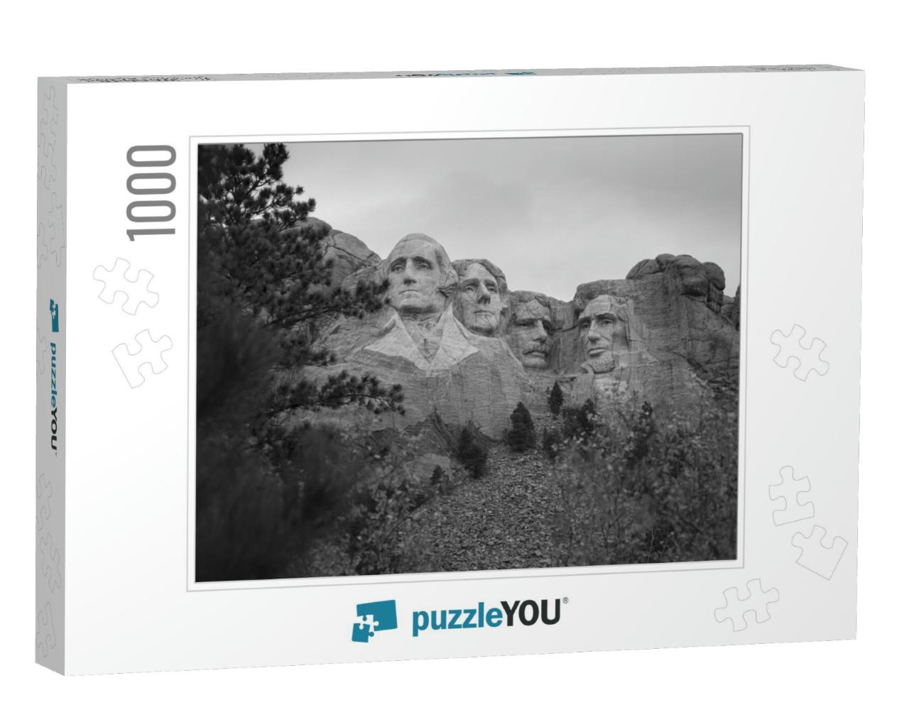 A Greyscale Shot of Mount Rushmore in the Usa... Jigsaw Puzzle with 1000 pieces