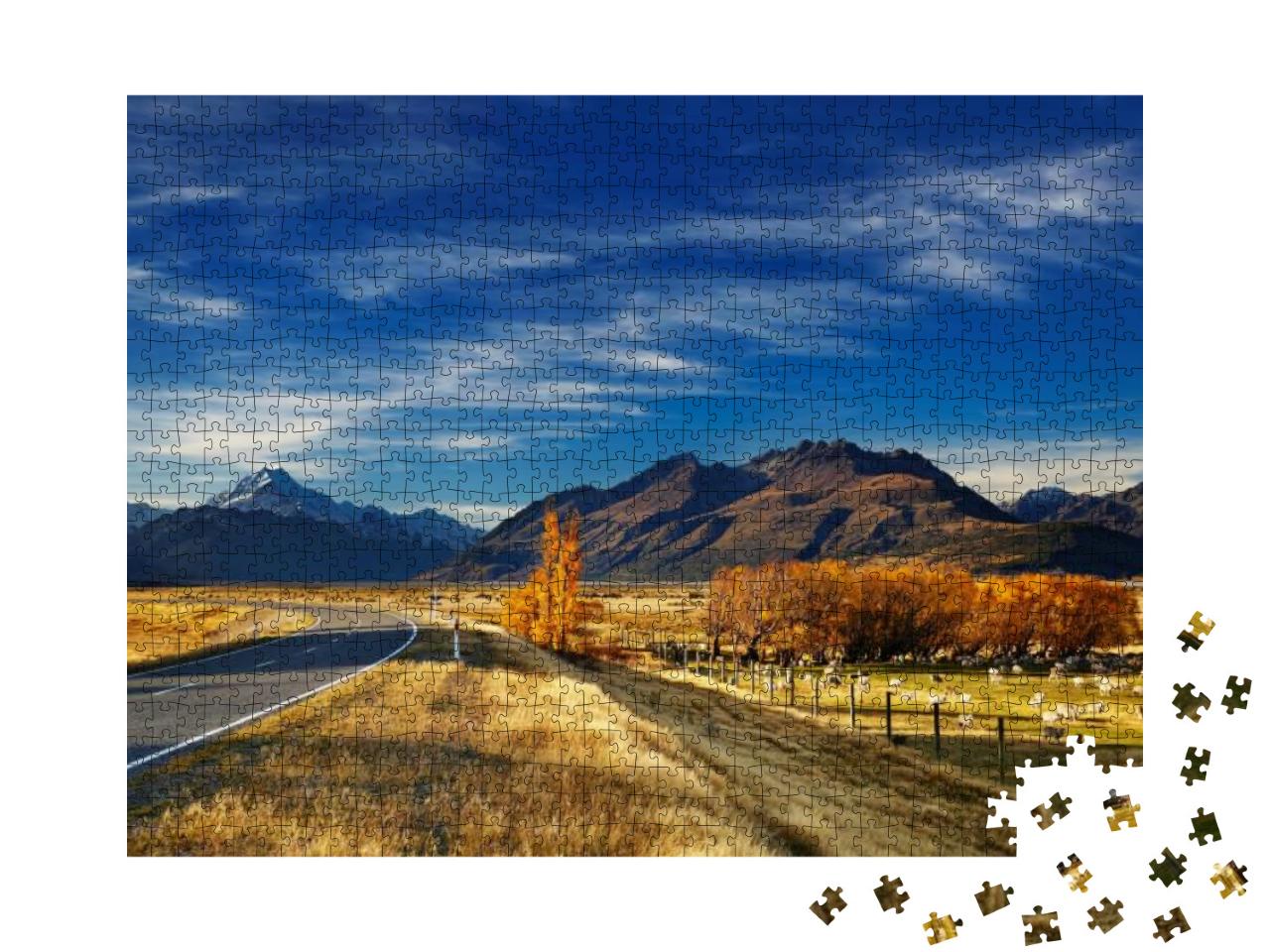 Farmland with Grazing Sheep & Mount Cook on Background, C... Jigsaw Puzzle with 1000 pieces