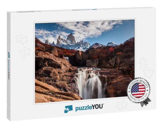 Beautiful View with Waterfall & Fitz Roy Mountain. Patago... Jigsaw Puzzle