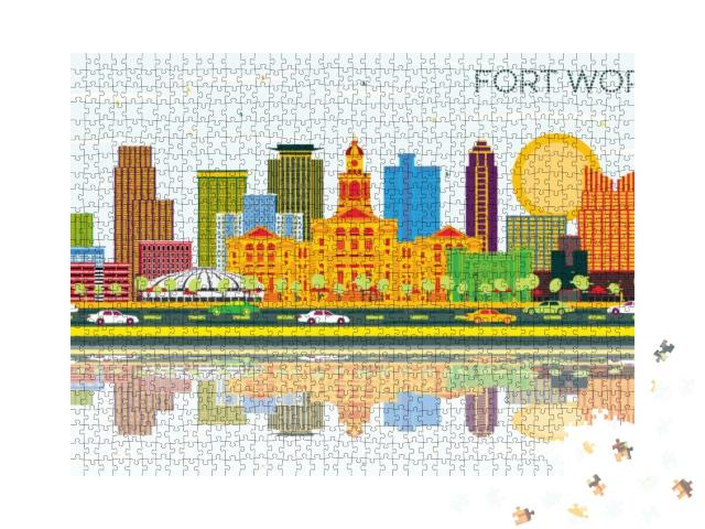 Fort Worth Texas City Skyline with Color Buildings, Blue... Jigsaw Puzzle with 1000 pieces