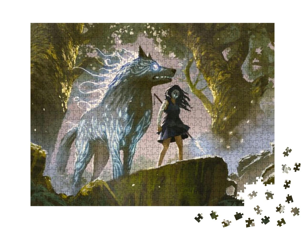 Wild Girl with Her Wolf Standing in the Forest, Digital A... Jigsaw Puzzle with 1000 pieces