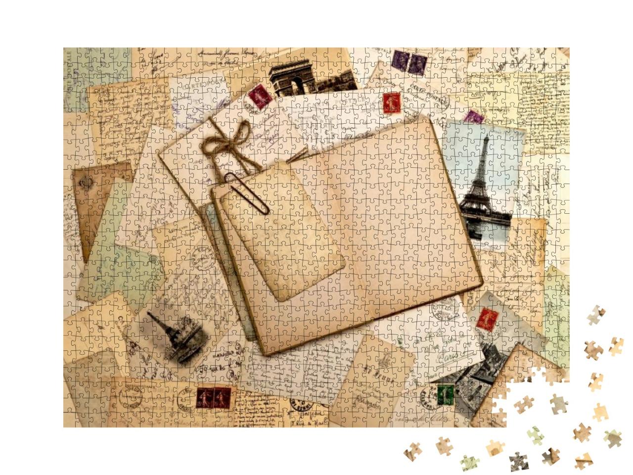 Old Letters, French Post Cards & Empty Open Book. Nostalg... Jigsaw Puzzle with 1000 pieces