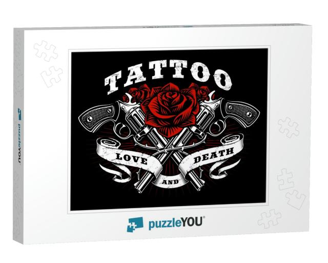 Guns & Roses Tattoo Design. Black & White Illustration wi... Jigsaw Puzzle