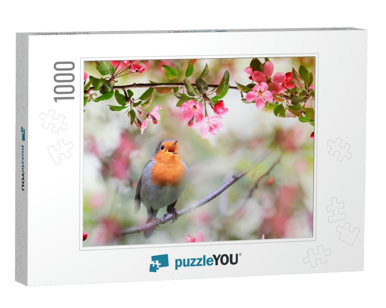 Small Songbird, a Robin, Sits in a Sunny Garden in May Am... Jigsaw Puzzle with 1000 pieces