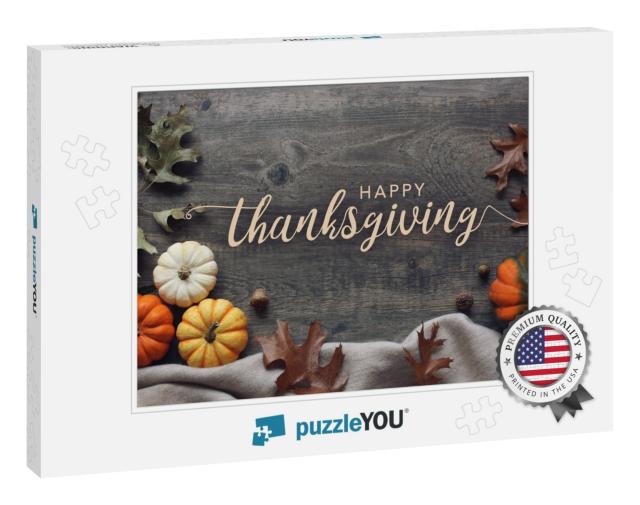 Happy Thanksgiving Script with Pumpkins & Leaves Over Dar... Jigsaw Puzzle
