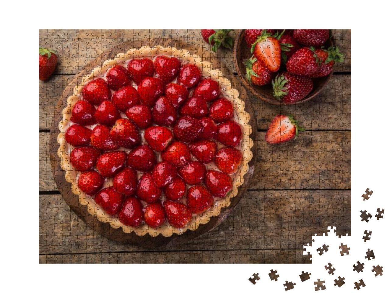 Delicious Strawberry Tart on Wooden Background, Top View... Jigsaw Puzzle with 1000 pieces