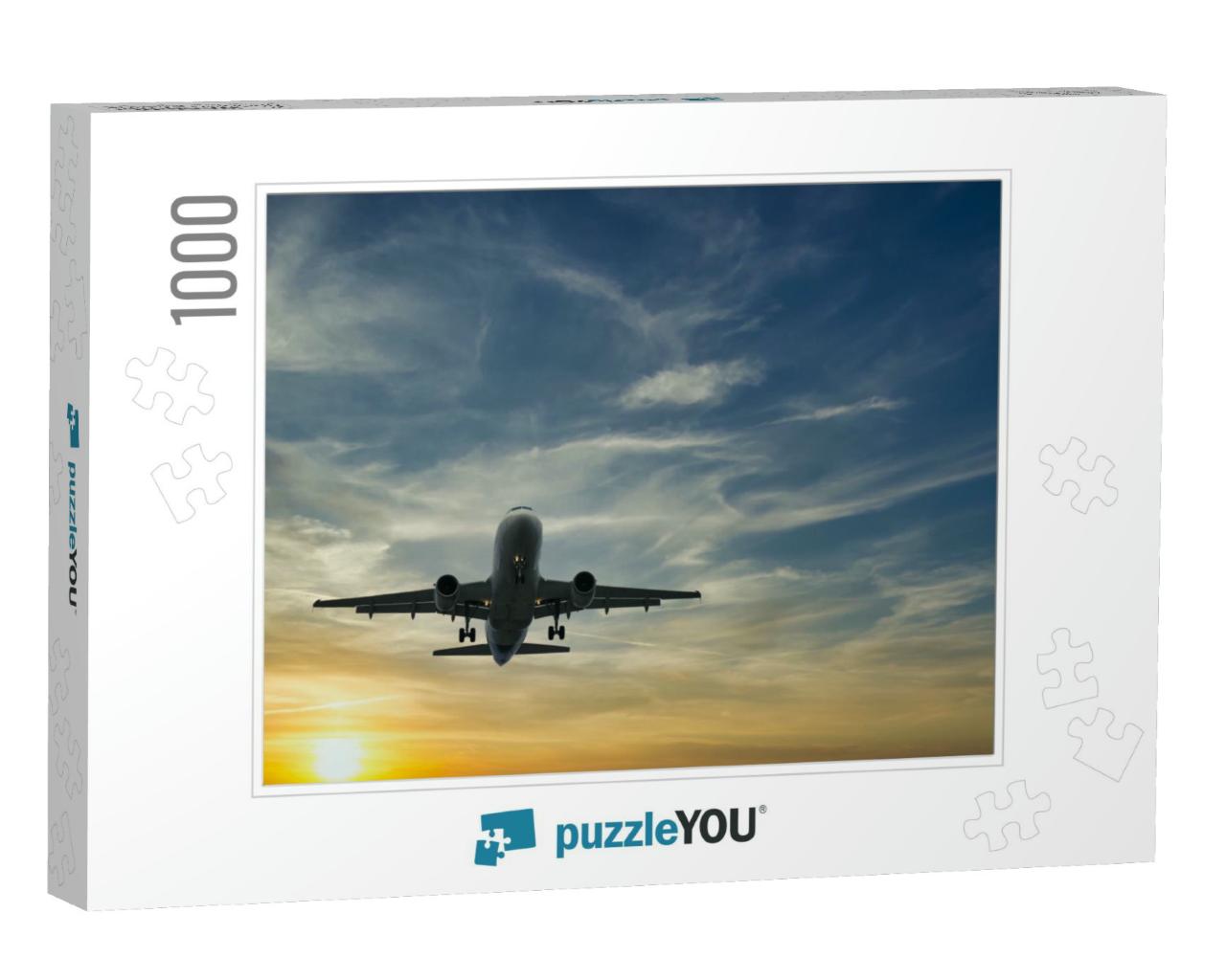 The Plane Against the Blue Sunset Sky. the Setting Sun. S... Jigsaw Puzzle with 1000 pieces