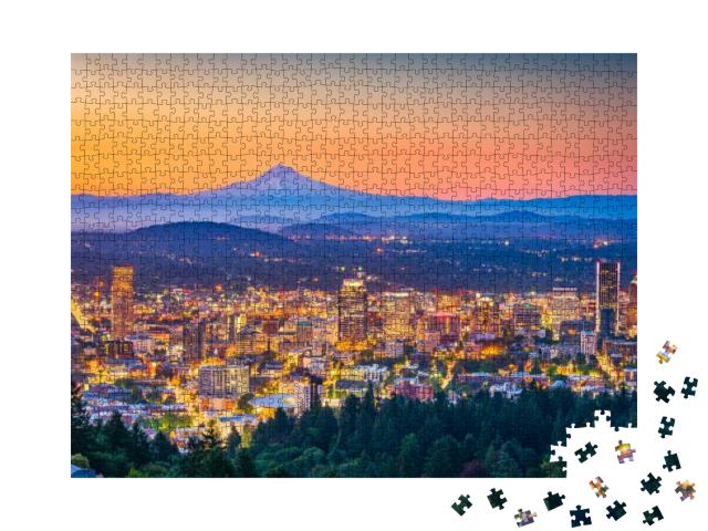 Portland, Oregon, USA Skyline At Dusk with Mt. Hood in the... Jigsaw Puzzle with 1000 pieces