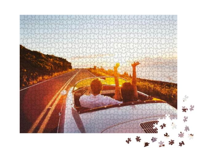 Happy Couple Driving on Country Road Into the Sunset in C... Jigsaw Puzzle with 1000 pieces