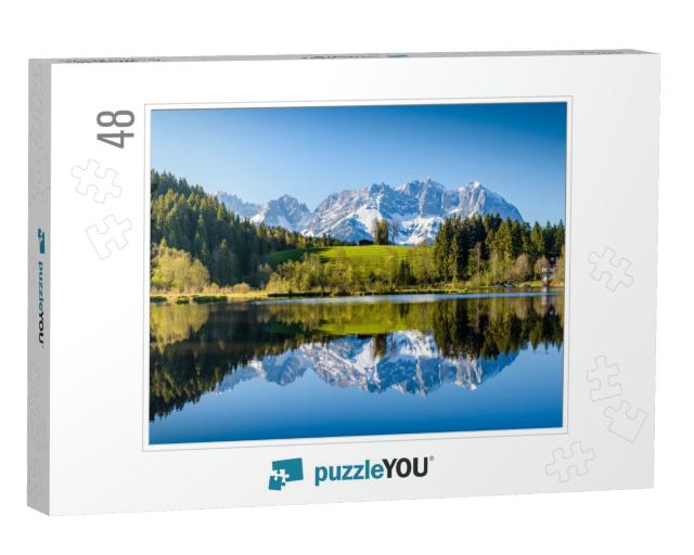 Idyllic Alpine Scenery, Snowy Mountains Mirroring in a Sm... Jigsaw Puzzle with 48 pieces