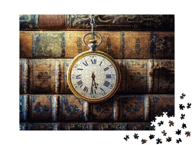 Vintage Clock Hanging on a Chain on the Background of Old... Jigsaw Puzzle with 1000 pieces