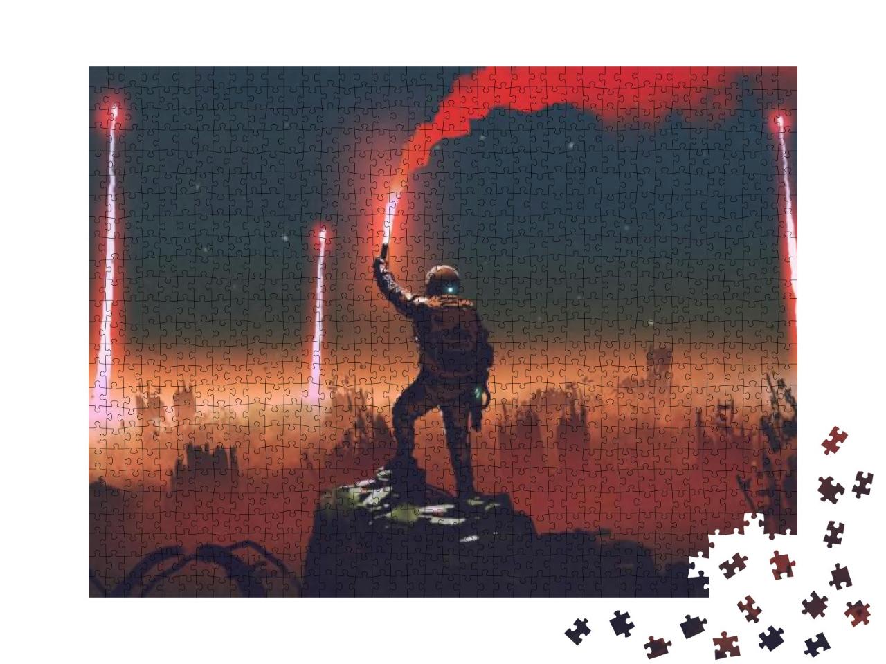 Man Holds a Red Smoke Flare Up in the Air & Standing Agai... Jigsaw Puzzle with 1000 pieces