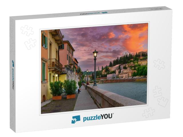 Embankment of Adige River in Verona, Italy. Sunset Citysc... Jigsaw Puzzle