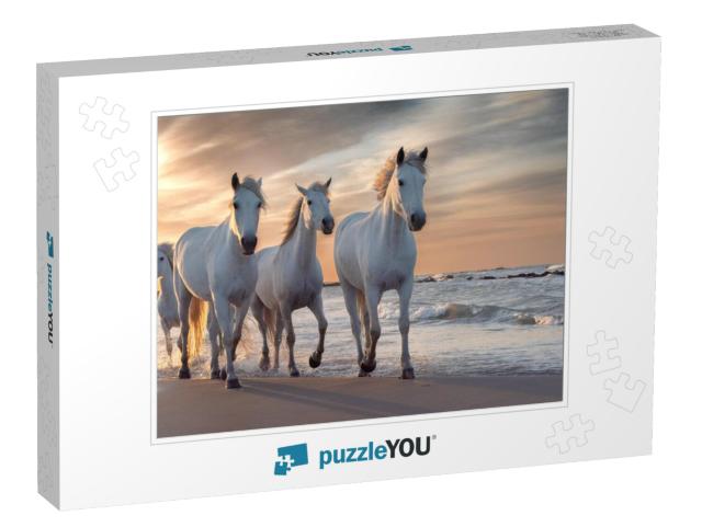 Herd of White Horses Running Through the Water. Image Tak... Jigsaw Puzzle