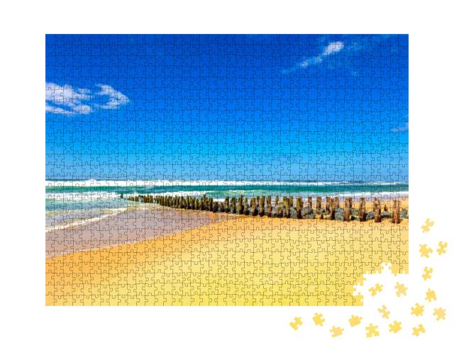 View of Wooden Pillars & Stones on the Beach of Seignosse... Jigsaw Puzzle with 1000 pieces