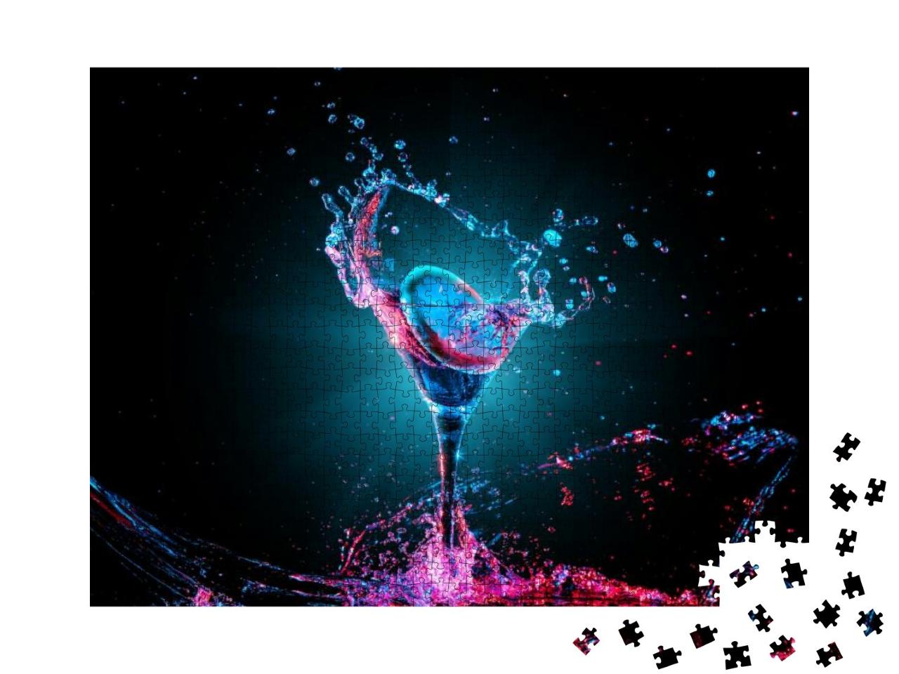 Colorful Cocktail in Glass with Splashes & Lemon on Dark... Jigsaw Puzzle with 1000 pieces