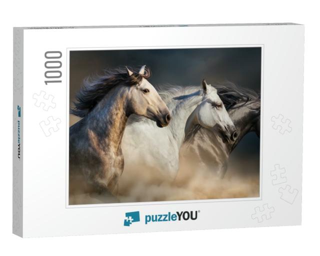 Horses with Long Mane Portrait Run Gallop in Desert Dust... Jigsaw Puzzle with 1000 pieces