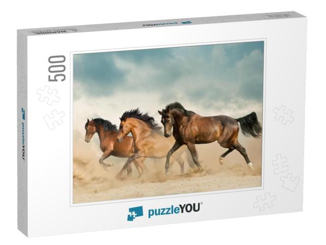 Beautiful Bay Horses Running in Desert on Freedom... Jigsaw Puzzle with 500 pieces