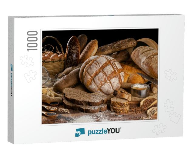 Assortment of Baked Bread on Wooden Table Background... Jigsaw Puzzle with 1000 pieces