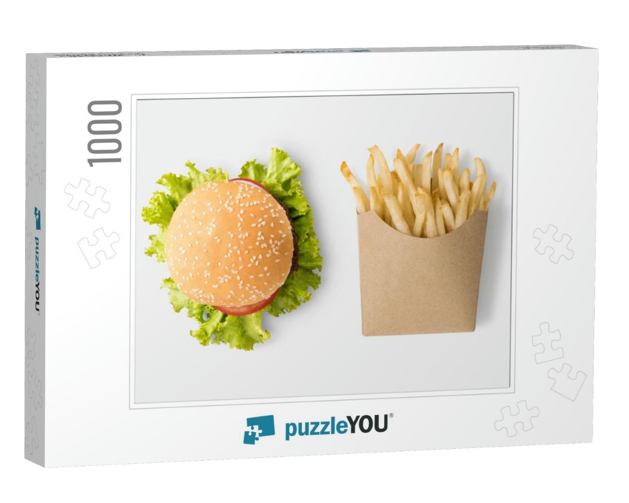 Concept of Mock Up Burger & French Fries on White Backgro... Jigsaw Puzzle with 1000 pieces