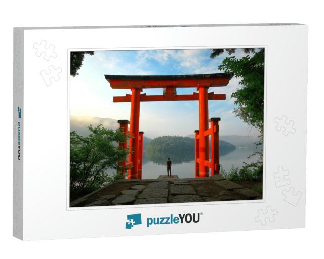Tourist At Red Torii Gate of Hakone Shrine Located on Lak... Jigsaw Puzzle