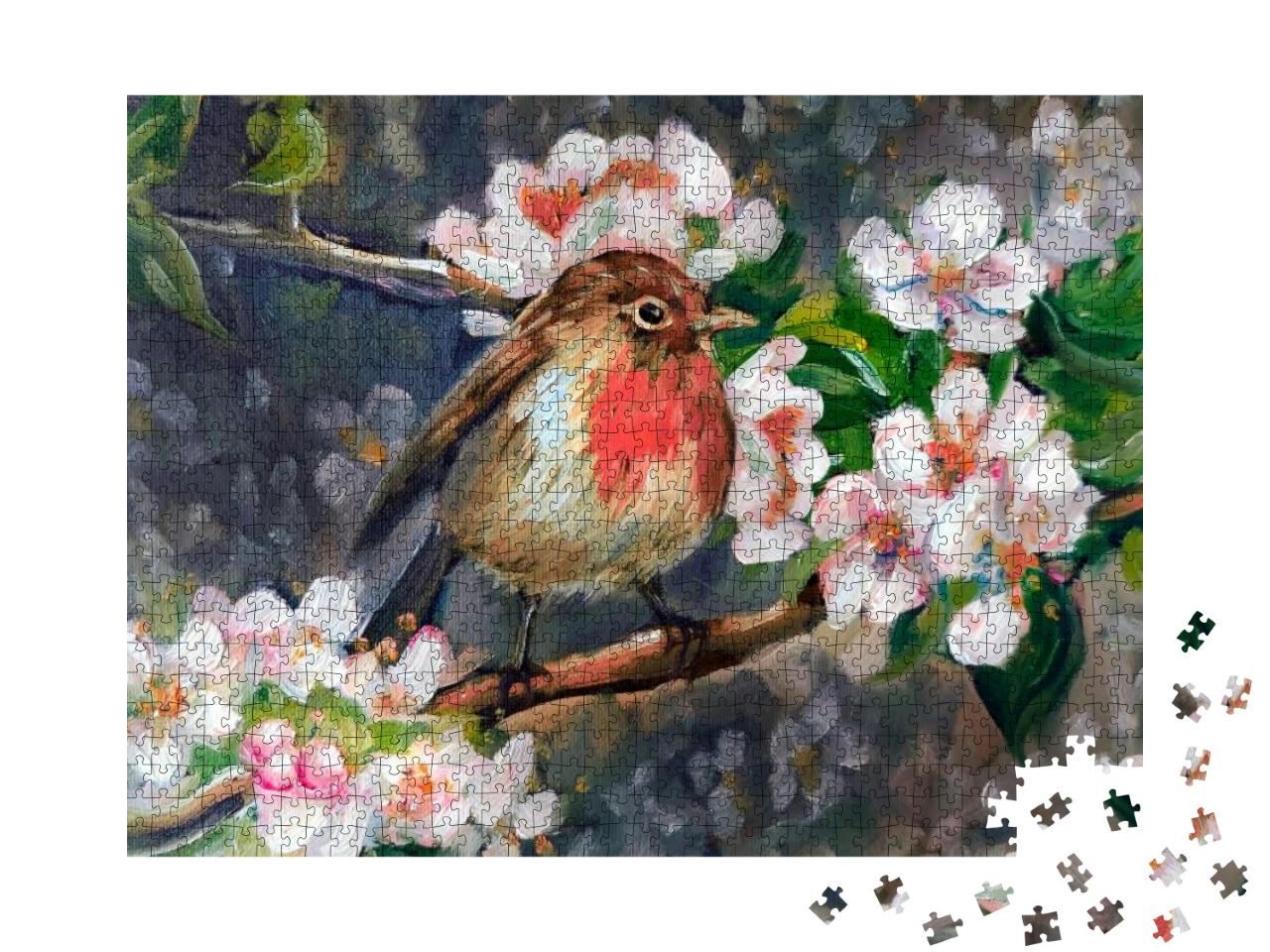 Cute Spring British Red Robin Bird. Hand Drawn Oil Painti... Jigsaw Puzzle with 1000 pieces