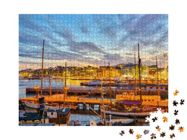 Oslo Harbor At Night in Oslo City, Norway... Jigsaw Puzzle with 1000 pieces