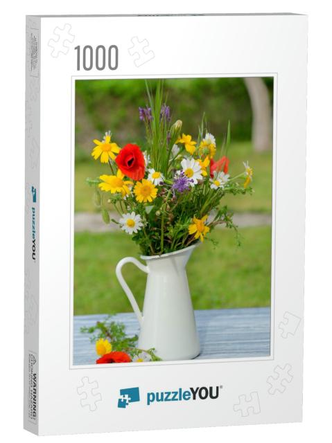 Wild Flower Bouquet in White Jug on Blue Vintage Wooden T... Jigsaw Puzzle with 1000 pieces