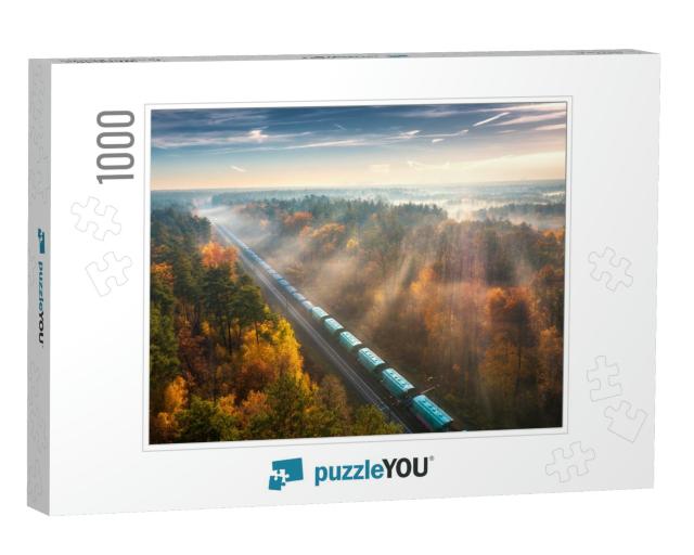 Aerial View of Freight Train & Beautiful Forest in Fog At... Jigsaw Puzzle with 1000 pieces