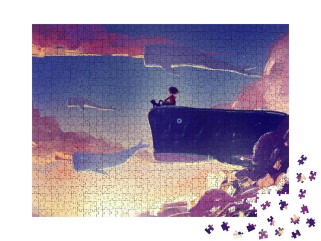 Digital Art Painting of Little Girl on Huge Whale Flying... Jigsaw Puzzle with 1000 pieces