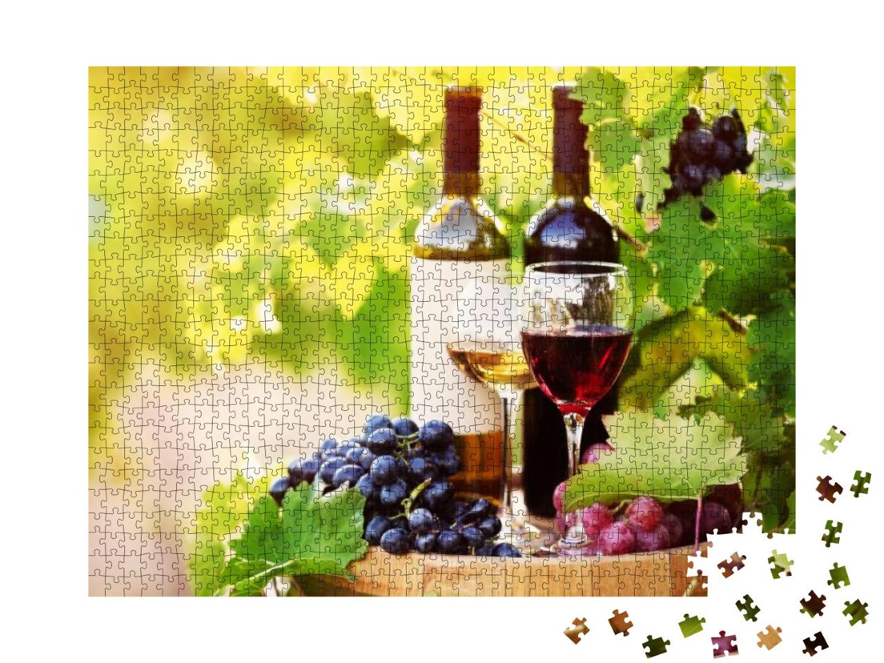 Tasty Wine on Wooden Barrel on Grape Plantation Backgroun... Jigsaw Puzzle with 1000 pieces