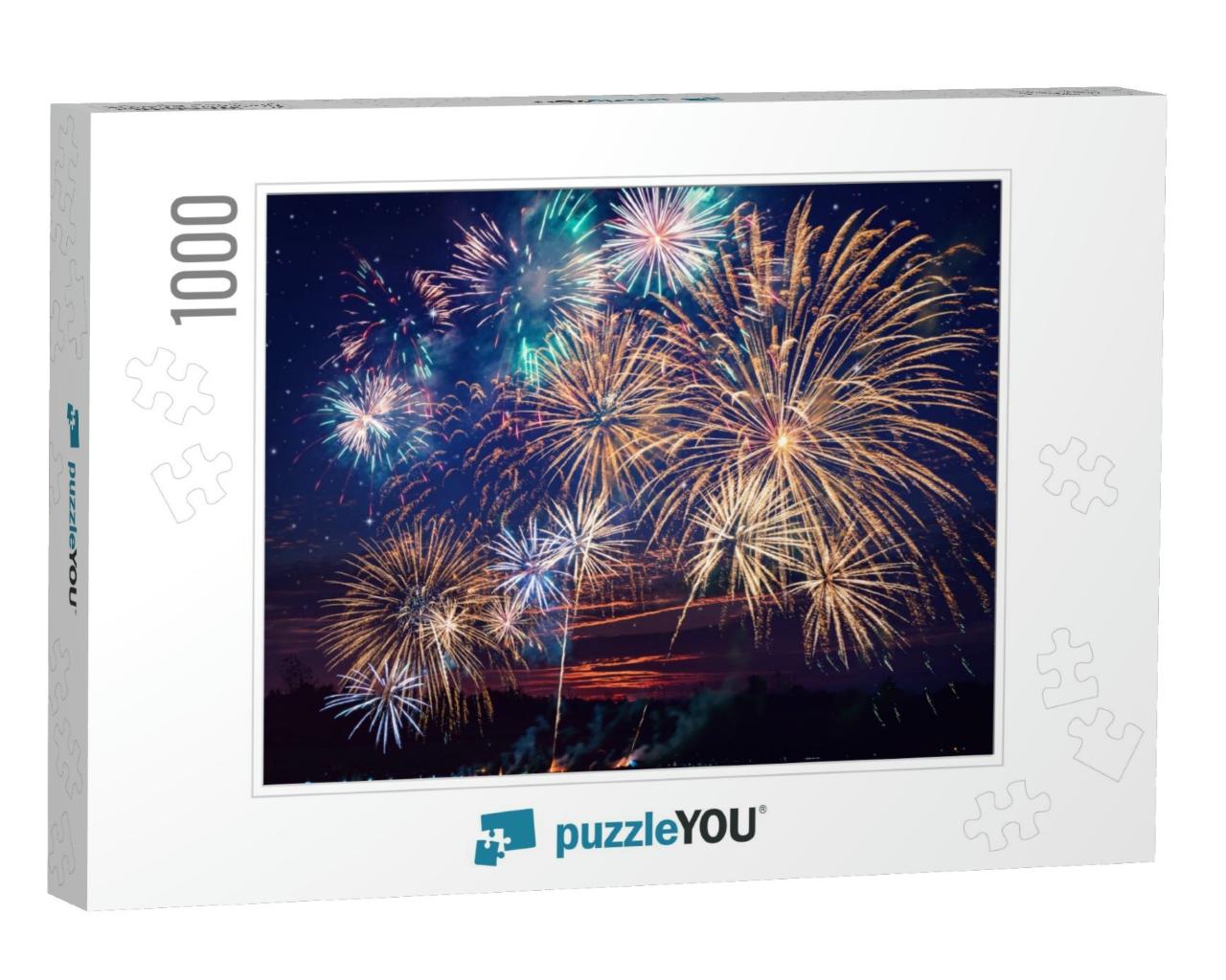 Colorful Fireworks on the Night Sky Background... Jigsaw Puzzle with 1000 pieces