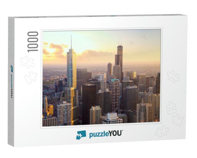 Chicago Skyscrapers At Sunset, Aerial View, United States... Jigsaw Puzzle with 1000 pieces