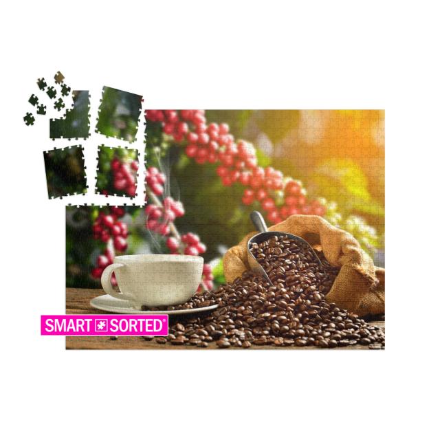 Cup of Coffee with Smoke & Coffee Beans in Burlap Sack on... | SMART SORTED® | Jigsaw Puzzle with 1000 pieces