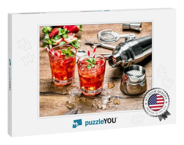 Red Drink with Ice. Cocktail Making Bar Tools, Strawberry... Jigsaw Puzzle