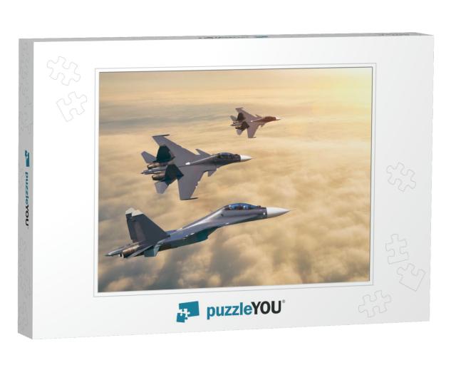 Group of Three Aircraft Fighter Jet Airplane Sun Glow Fly... Jigsaw Puzzle