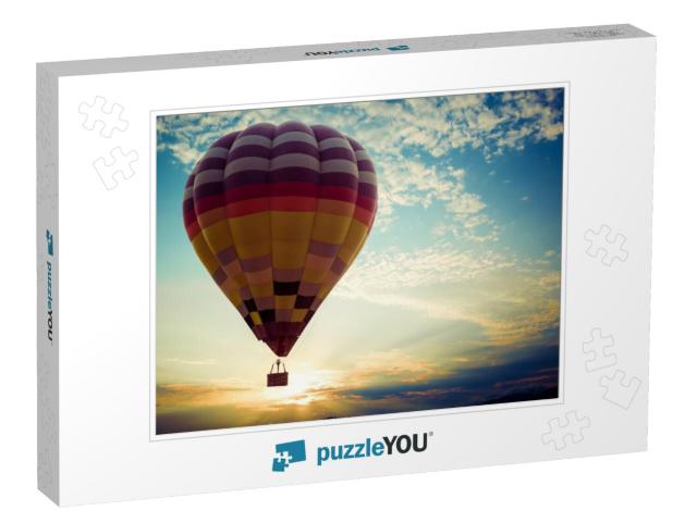 Colorful Hot Air Balloon Flying on Sky At Sunset. Travel... Jigsaw Puzzle