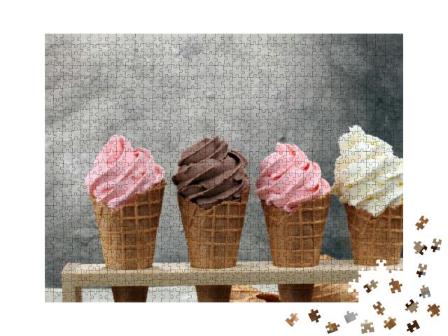 Vanilla Frozen Yogurt or Soft Ice Cream in Waffle Cone &... Jigsaw Puzzle with 1000 pieces