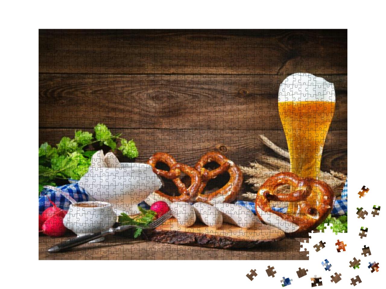 Bavarian Sausages with Pretzels, Sweet Mustard & Beer on... Jigsaw Puzzle with 1000 pieces