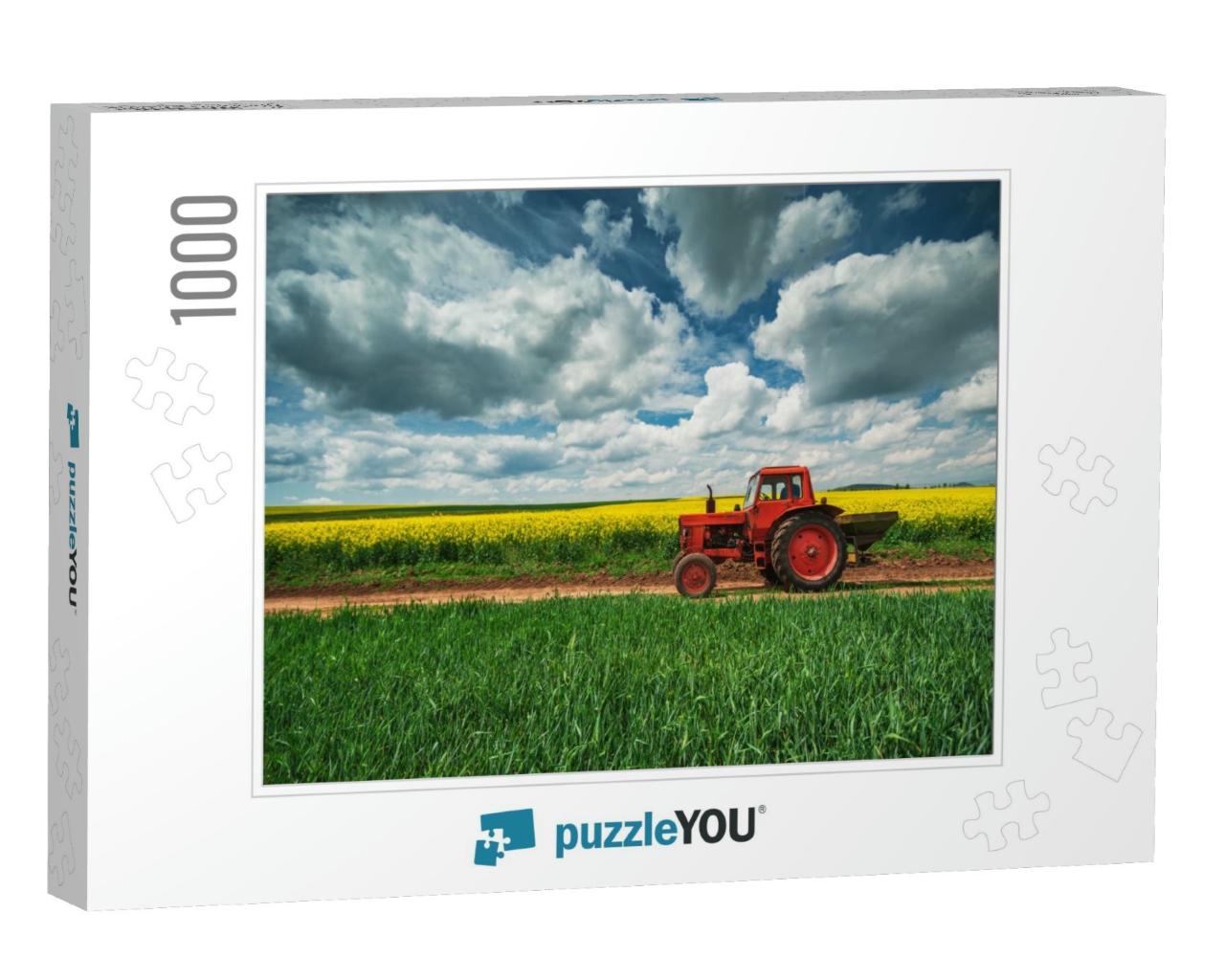 Red Tractor in a Field & Dramatic Clouds... Jigsaw Puzzle with 1000 pieces