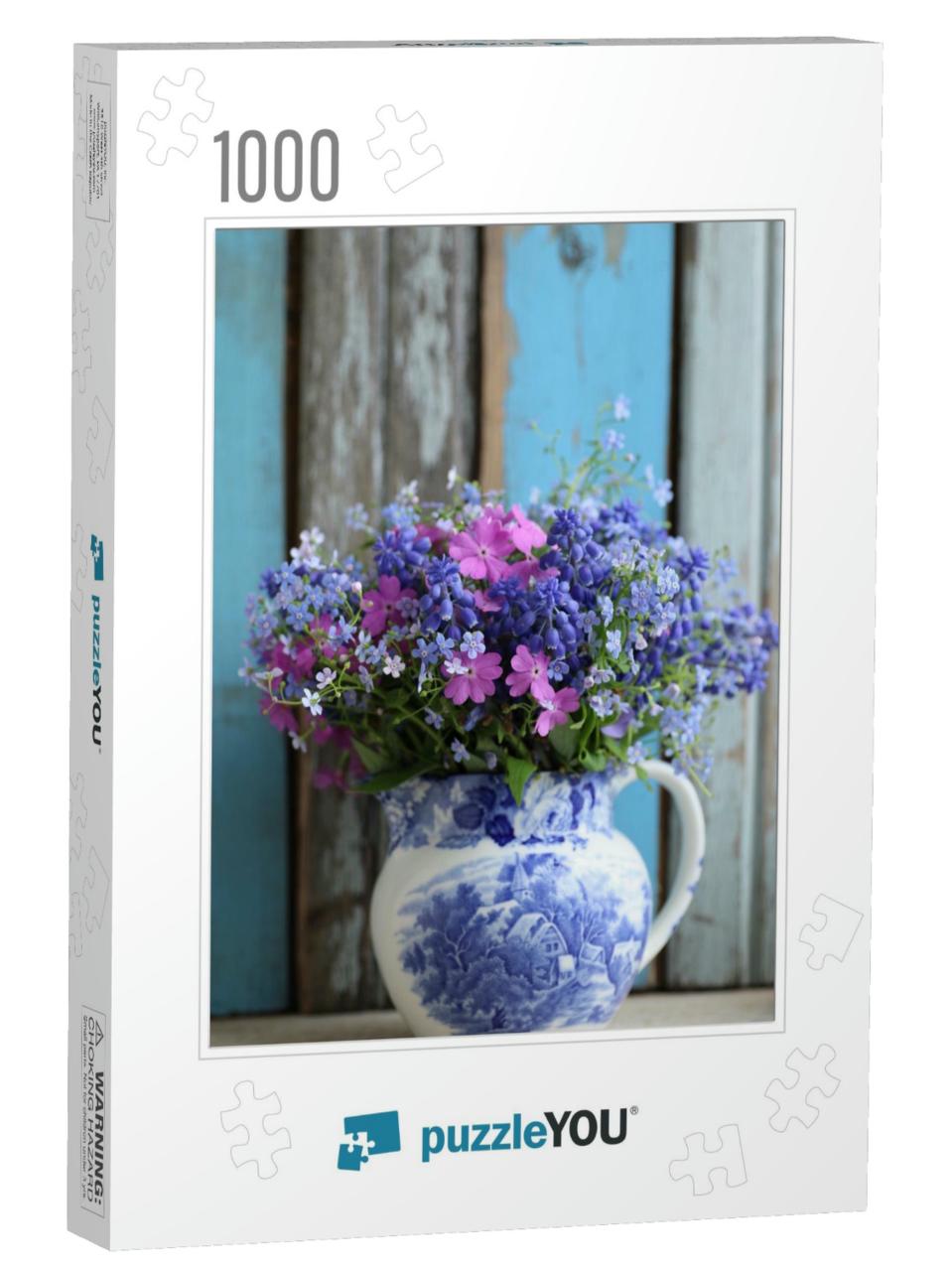 Blue & Pink Bouquet, Bunch Flowers in Vintage China Cream... Jigsaw Puzzle with 1000 pieces