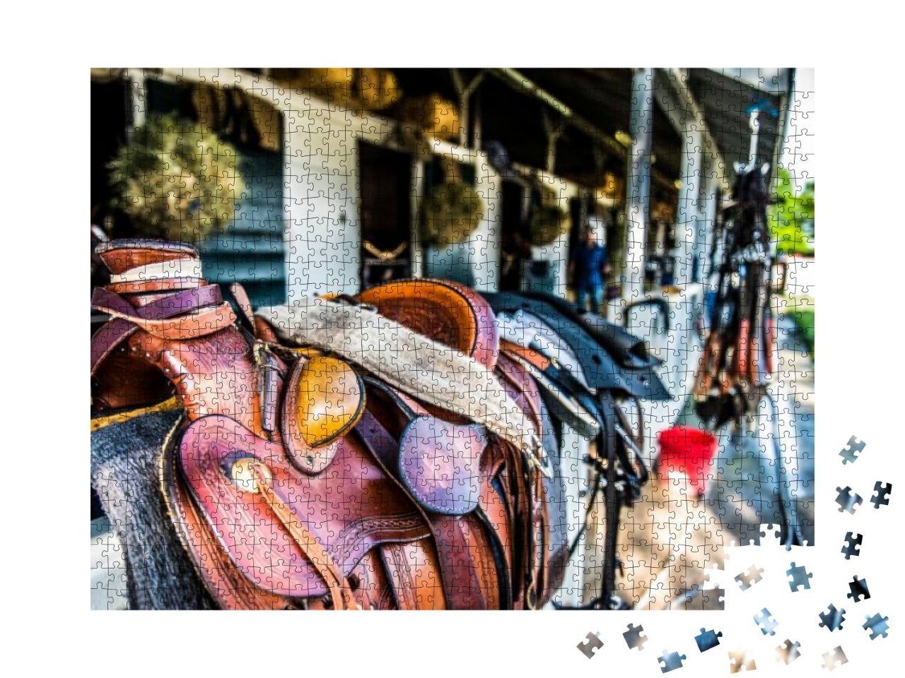 Thoroughbred Saddle & Tack in Horse Barn in Lexington, Ke... Jigsaw Puzzle with 1000 pieces