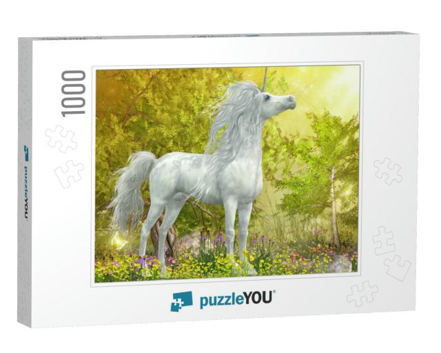 Unicorn Stallion in Meadow 3D Illustration - a White Unic... Jigsaw Puzzle with 1000 pieces
