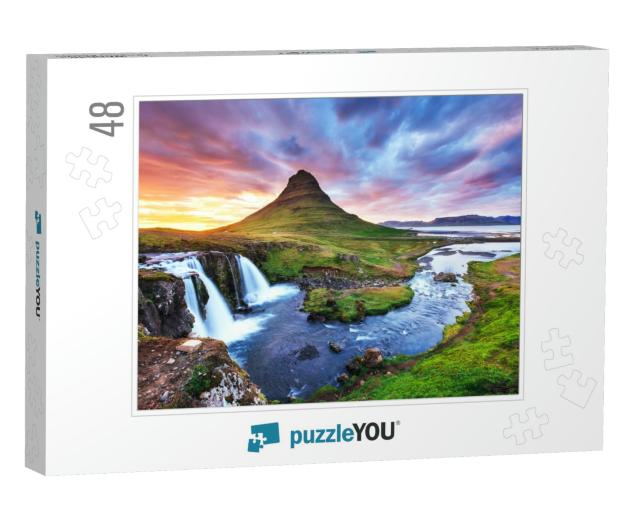 The Picturesque Sunset Over Landscapes & Waterfalls. Kirk... Jigsaw Puzzle with 48 pieces