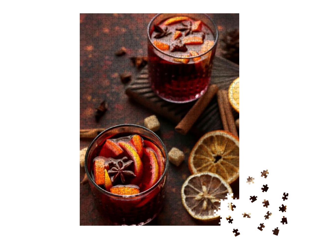 Glasses of Delicious Mulled Wine on Color Table... Jigsaw Puzzle with 1000 pieces