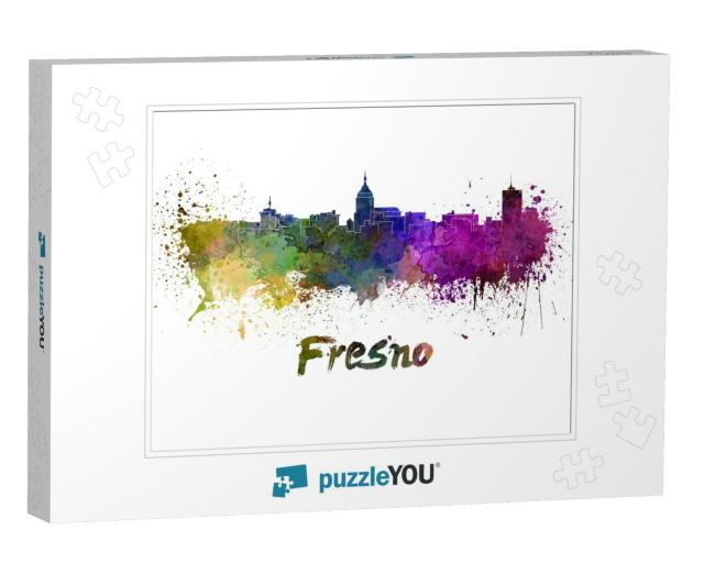 Fresno Skyline in Watercolor Splatters with Clipping Path... Jigsaw Puzzle