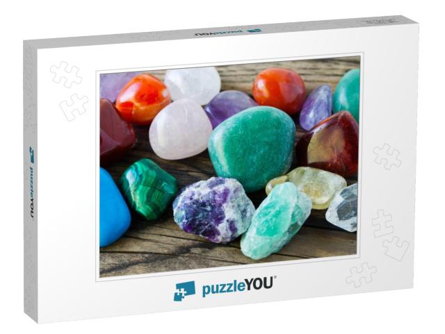 Gemstones Against Wooden Background... Jigsaw Puzzle