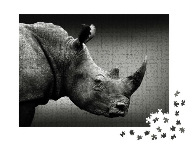 Highly Alerted Rhinoceros, Black & White, Monochrome Port... Jigsaw Puzzle with 1000 pieces