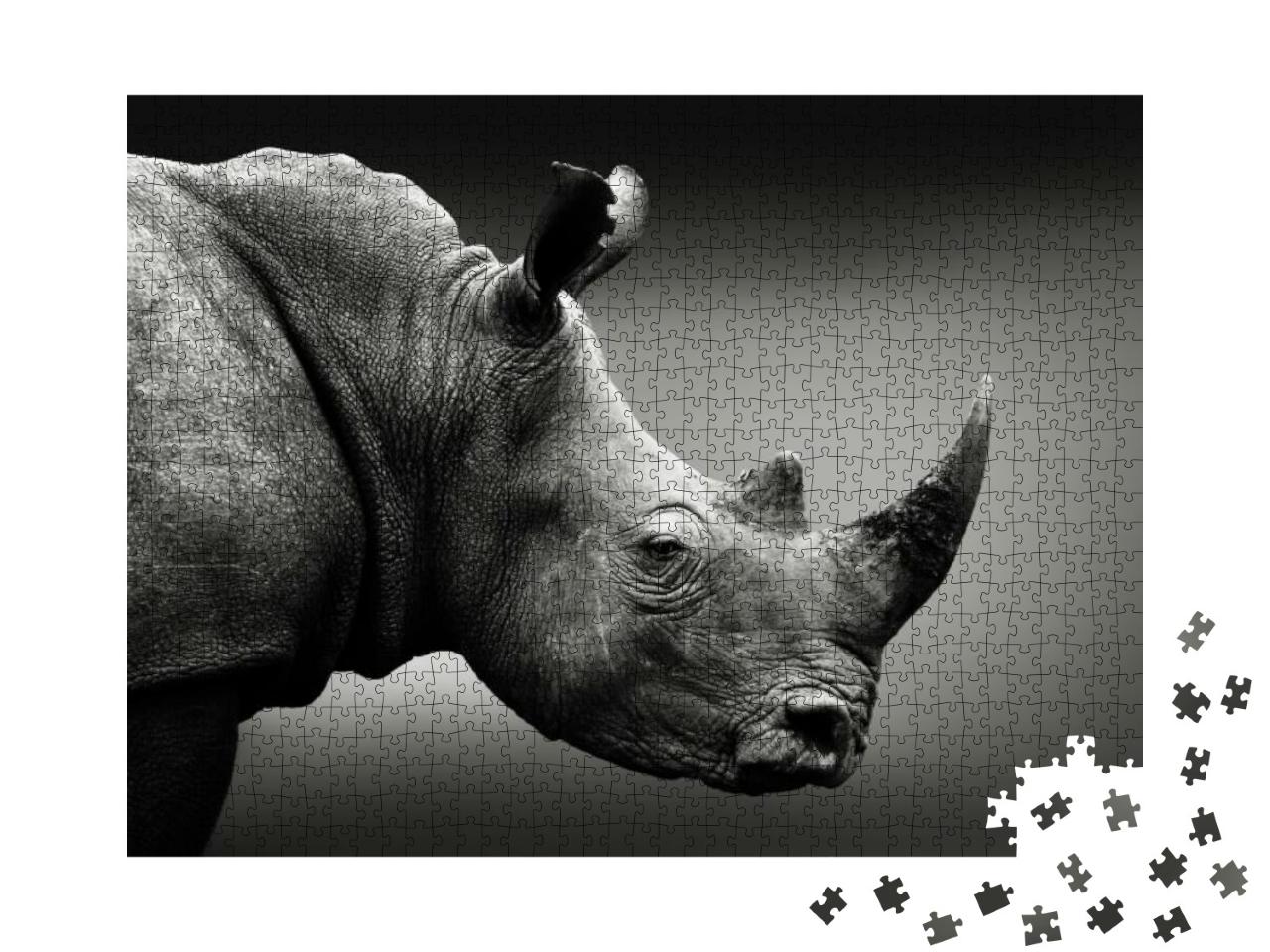 Highly Alerted Rhinoceros, Black & White, Monochrome Port... Jigsaw Puzzle with 1000 pieces